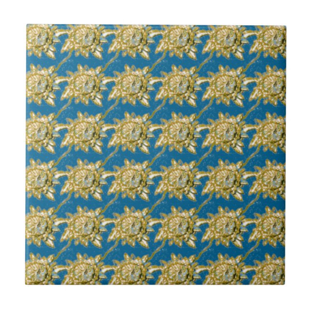 Yellow Floral Pattern on green blue background Ceramic Tile (Front)