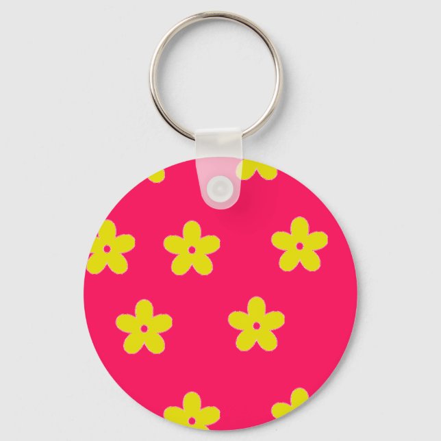 Yellow floral pattern on pink keychain (Front)