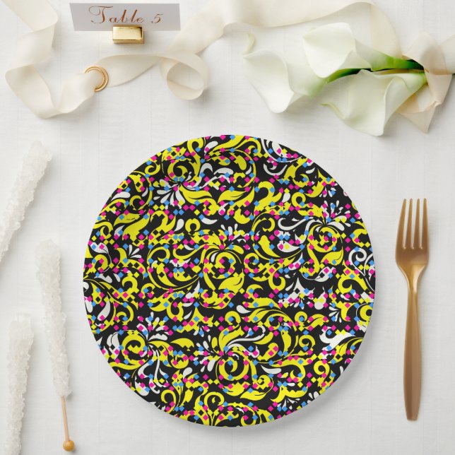 Yellow floral pattern paper plates (Wedding)