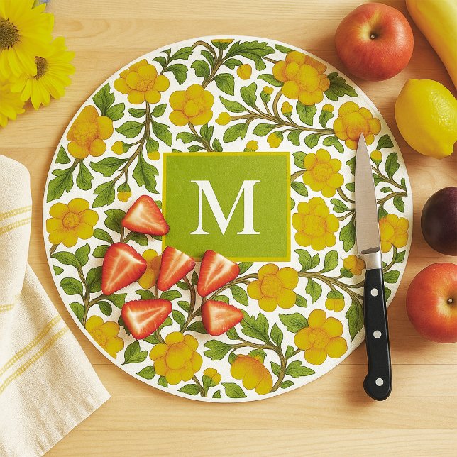 Yellow Floral Pattern - Personalized Monogram Cutting Board (Creator Uploaded)