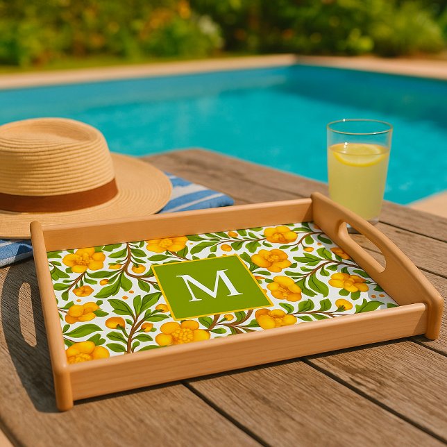 Yellow Floral Pattern - Personalized Monogram Serving Tray (Creator Uploaded)
