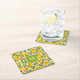 Yellow Floral Pattern - Personalized Monogram Square Paper Coaster