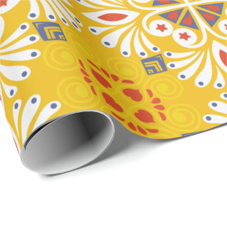 yellow floral-patterned design with white, orange wrapping paper