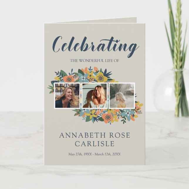 Yellow Floral Photo Collage Funeral Program (Front)