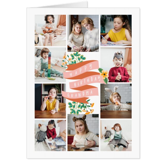 Yellow Floral Photo Collage Happy Birthday Grandma Card (Front)