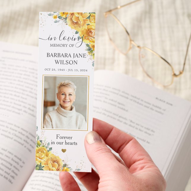 Yellow Floral Photo Funeral Memorial Bookmark (Hand)