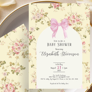 Yellow Floral Pink Bow Baby Shower Invitation 