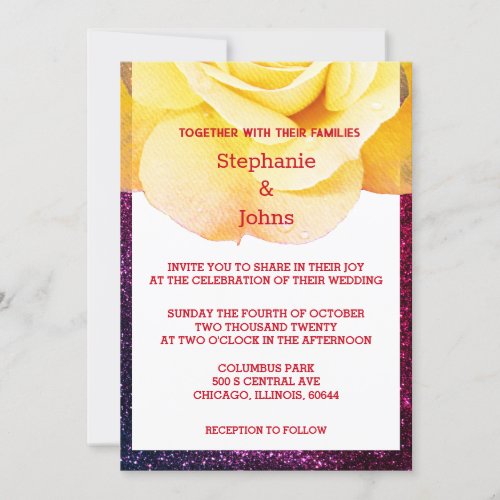 Yellow Floral Purple Pink Glittery Wedding Ombre Invitation