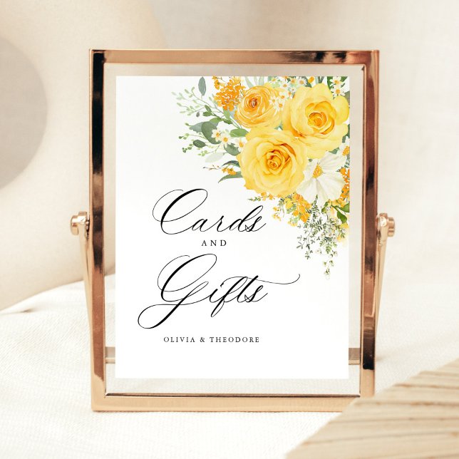 Yellow Floral Rose Cards & Gifts Wedding Table Pedestal Sign (Yellow rose floral wedding cards and gifts sign, romantic wedding reception gift table signage)