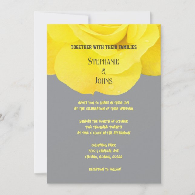 Yellow Floral Rose Elegant Grey Gray 2025 Wedding  Invitation (Front)