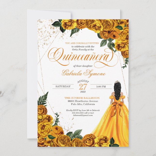 Yellow Floral Rose & Gold Elegant Quinceañera Invitation (Front)