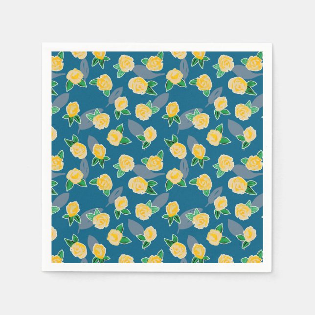 Yellow Floral Rose on blue Napkins (Front)