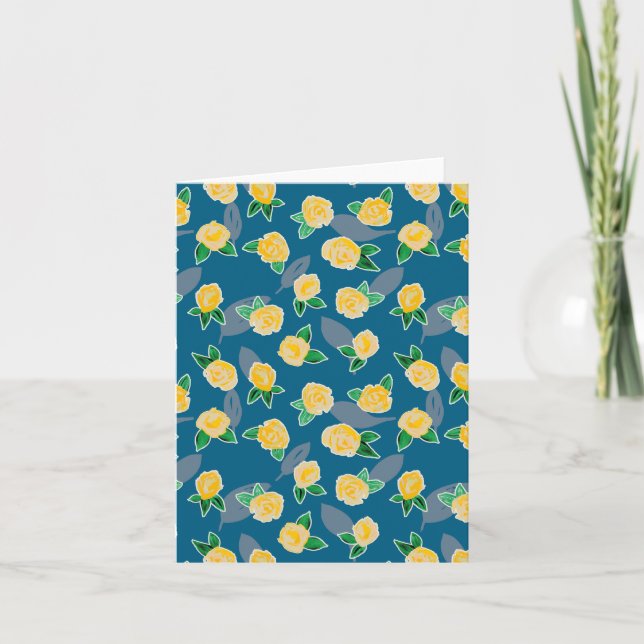 Yellow Floral Rose on blue Note Card (Front)