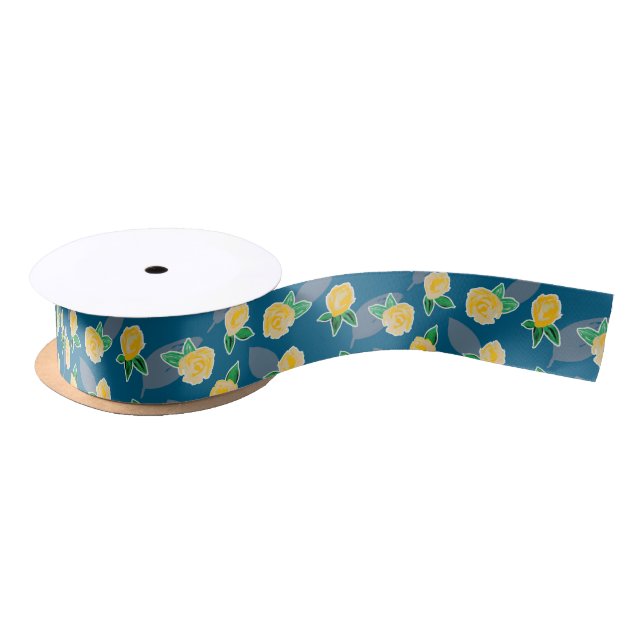 Yellow Floral Rose on blue Satin Ribbon (Spool)