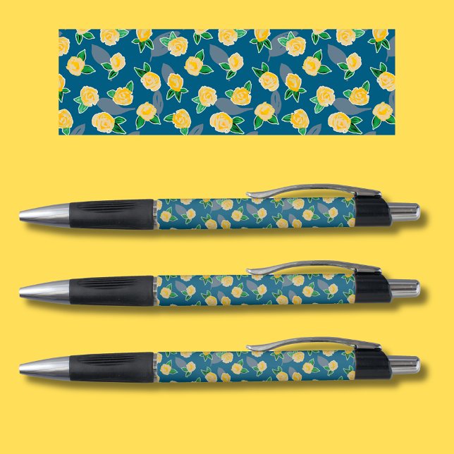 Yellow Floral Rose pattern Pen (Pretty yellow rose design on teal blue background.  Original pattern illustration shown at the top.)