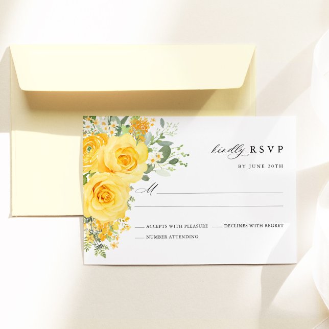 Yellow Floral Rose Watercolor Elegant Wedding RSVP Card (Yellow floral wedding RSVP card with watercolor yellow roses, romantic garden wedding stationery)