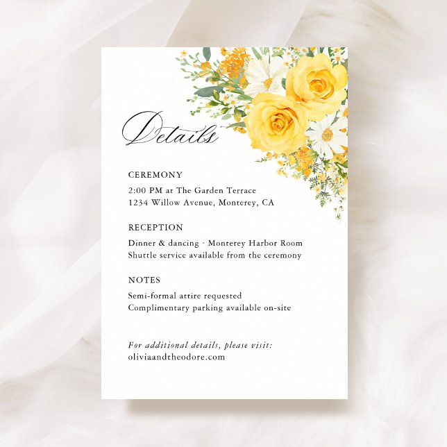 Yellow Floral Rose Wedding Details, Information Enclosure Card (Yellow floral wedding details card, watercolor roses, garden wedding stationery information card)