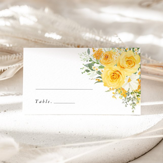 Yellow Floral Rose Wedding Name Place Card (Yellow rose wedding place card, watercolor floral escort card, elegant romantic reception name card)