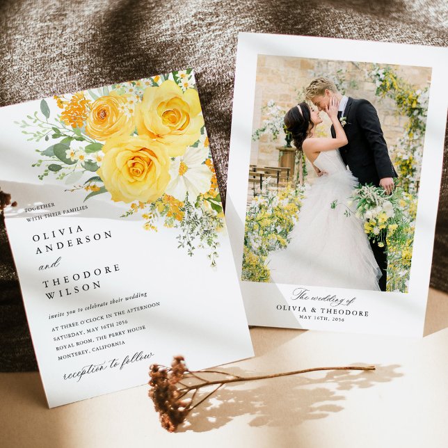 Yellow Floral Rose Wedding Photo Back Invitation (Yellow floral rose wedding invitation with photo back, watercolor yellow rose wedding stationery)