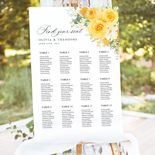 Yellow Floral Rose Wedding Seating Chart Sign