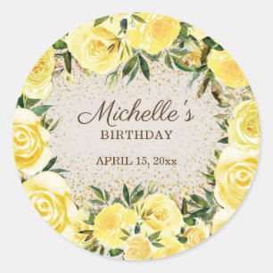 Yellow Floral Roses Gold Glitter Birthday Name Classic Round Sticker