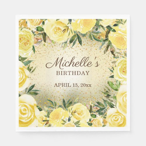 Yellow Floral Roses Gold Glitter Birthday Name Napkins