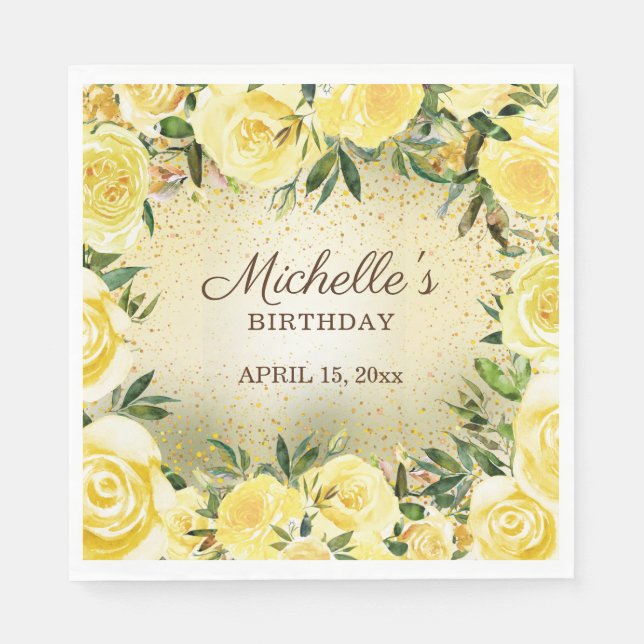 Yellow Floral Roses Gold Glitter Birthday Name Napkins (Front)