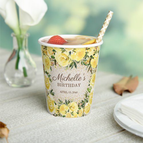 Yellow Floral Roses Gold Glitter Birthday Name Paper Cups