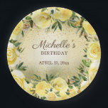Yellow Floral Roses Gold Glitter Birthday Name  Paper Plates<br><div class="desc">Elegant yellow roses/floral and gold glitter custom birthday party paper plates for girls or women. Personalized with her name and party date.  Contact me for assistance with customizations or to request additional matching or coordinating Zazzle products for your party.</div>