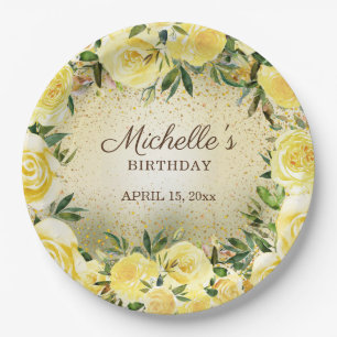 Yellow Floral Roses Gold Glitter Birthday Name Paper Plates