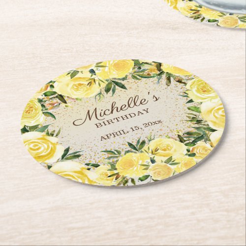 Yellow Floral Roses Gold Glitter Birthday Name   Round Paper Coaster