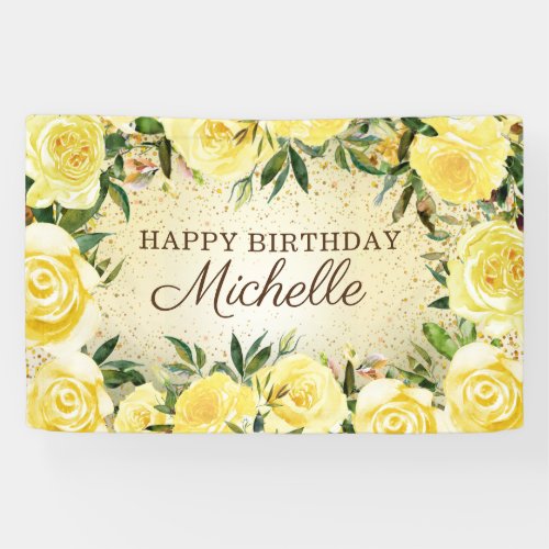 Yellow Floral Roses Gold Glitter Happy Birthday Banner