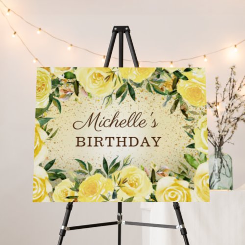 Yellow Floral Roses Gold Glitter Name Birthday Foam Board