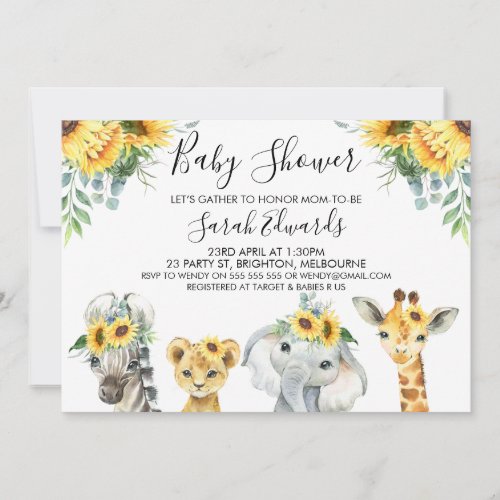 Yellow Floral Safari Animals Baby Shower  Invitation