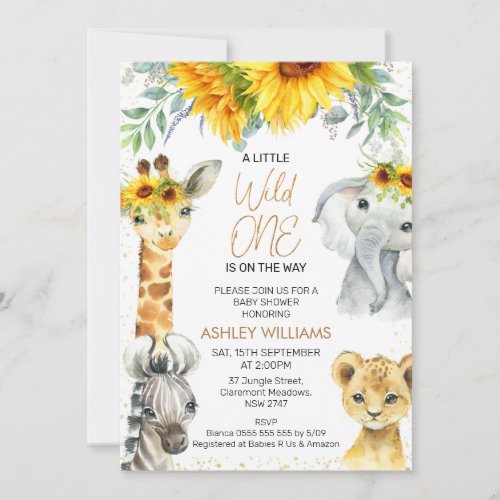 Yellow Floral Safari Wild One Baby Shower Invitation