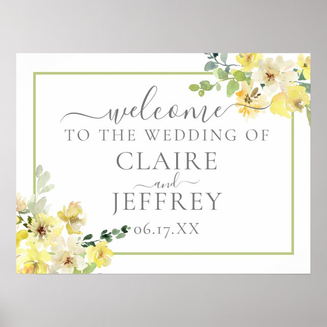 Yellow Floral Sage Green Summer Wedding Welcome Poster (Front)
