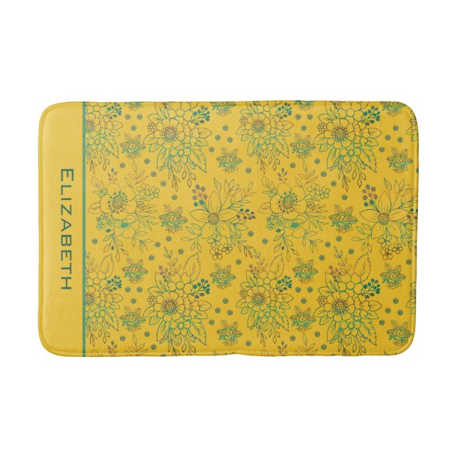 Yellow floral seamless pattern personalized name bath mat (Front)