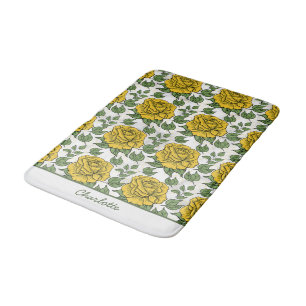 Yellow floral seamless pattern personalized name bath mat