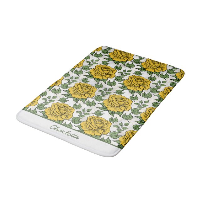 Yellow floral seamless pattern personalized name  bath mat (Angled)