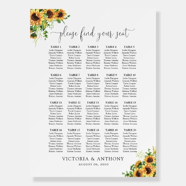 Yellow Floral Seating Chart Foam Board  (Front)