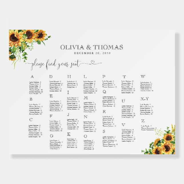 Yellow Floral Seating Chart Foam Board  (Front)