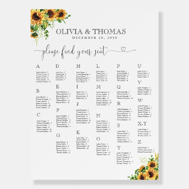 Yellow Floral Seating Chart Foam Board  (Front)