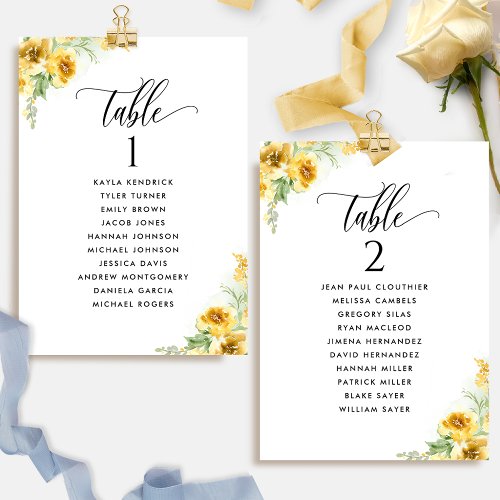 Yellow Floral Seating Plan Cards with Guest Names