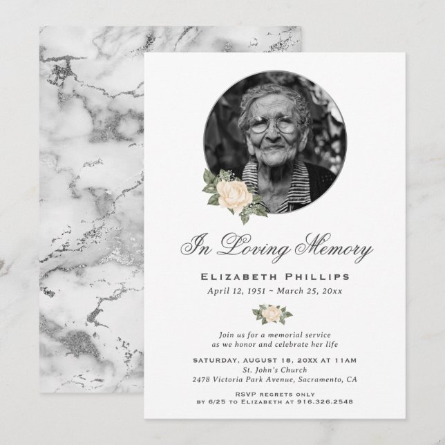 Yellow Floral Silver Marble Photo Memorial Service Invitation (Front/Back)