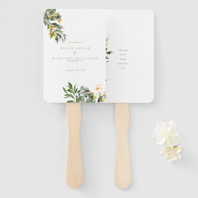 Yellow Floral Simple Gold Text Hand Fan (Front and Back)