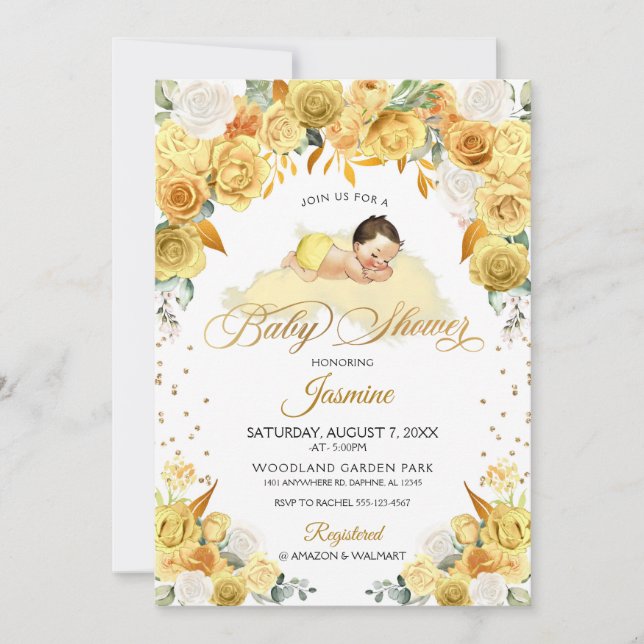Yellow Floral Sleeping Baby Shower Invitation (Front)