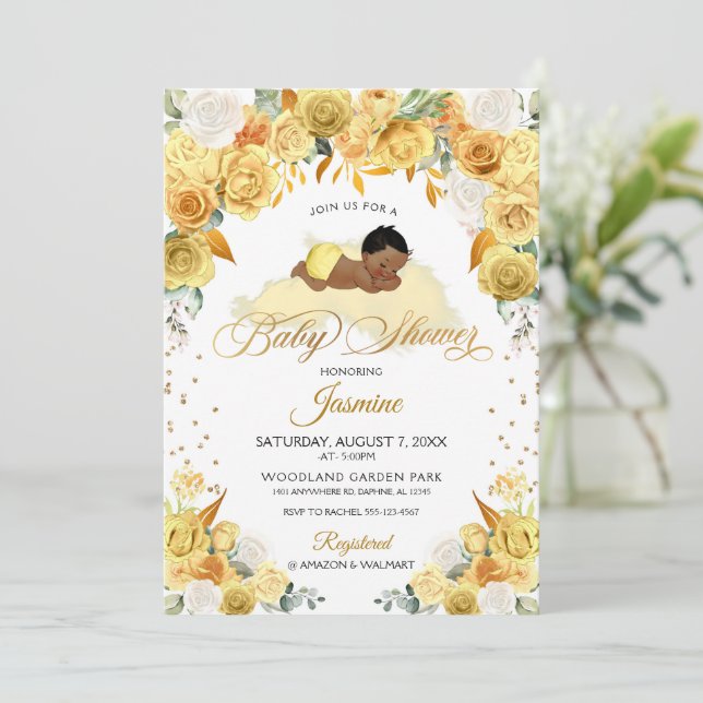 Yellow Floral Sleeping Baby Shower Invitation (Standing Front)