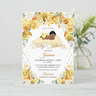 Yellow Floral Sleeping Baby Shower Invitation