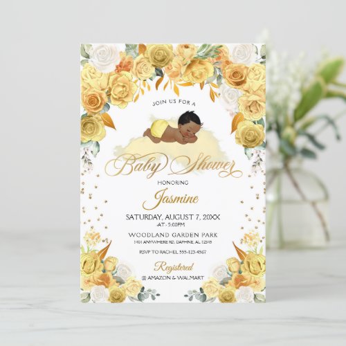 Yellow Floral Sleeping Baby Shower Invitation