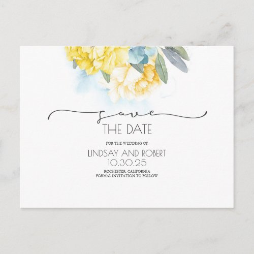 Yellow Floral Soft Blue Save the Date Announcement Postcard